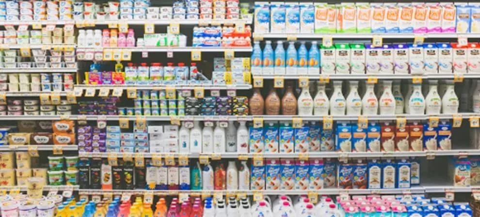 Chilled shelves stocked with milk, yoghurt and dairy products