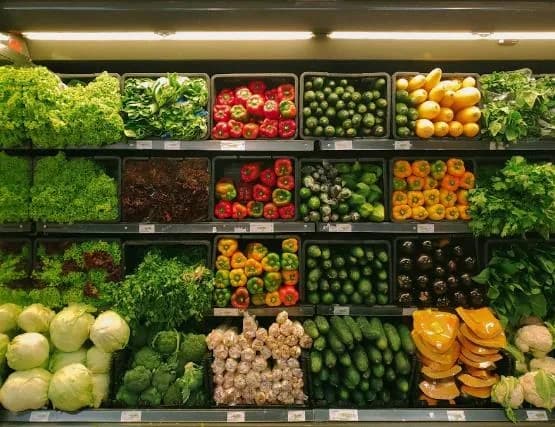Crates of fresh salad, peppers, cabbages and greens on display