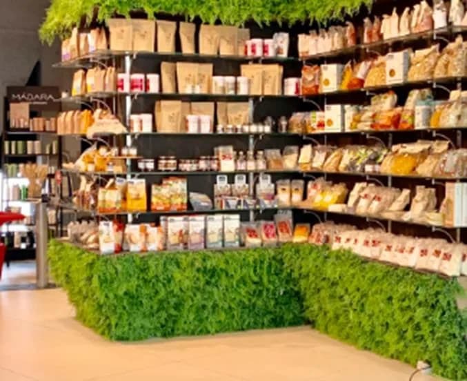 Shelves of packaged pantry goods and household essentials